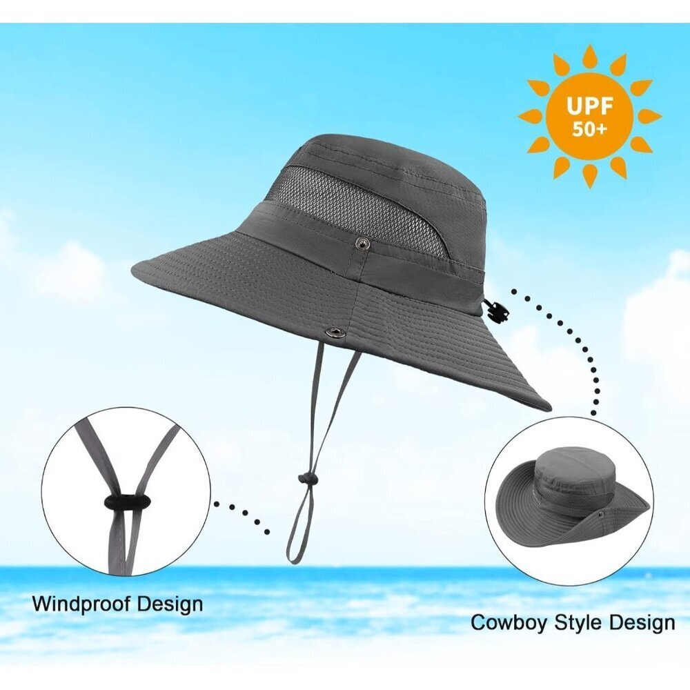 Unisex Dark Grey Polyester Wide Brim Mesh Vent Chin Strap Classic Cowboy Hat - Picture 5 of 6